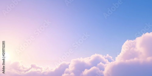 Sun shining through pink and purple clouds in blue sky