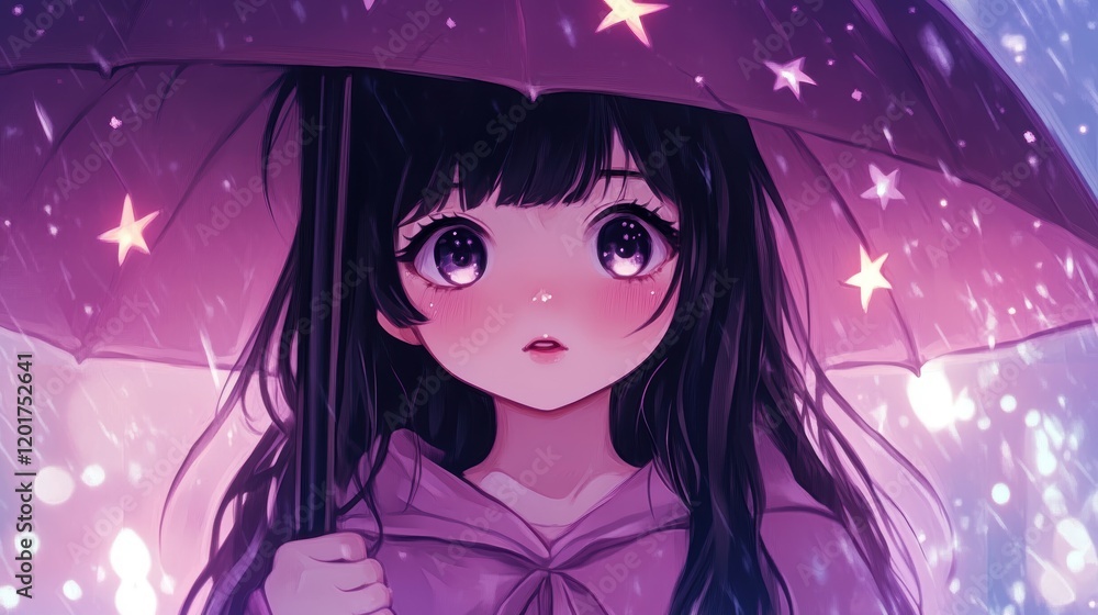 Kawaii sorceress in an enchanted forest under a starry sky - fantasy art