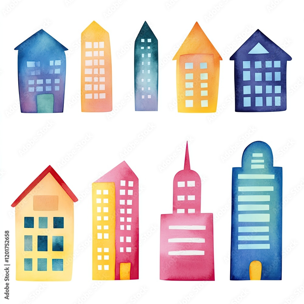 Fototapeta premium water color set collection AI learning innovation concept Colorful watercolor illustrations of buildings. illustration style