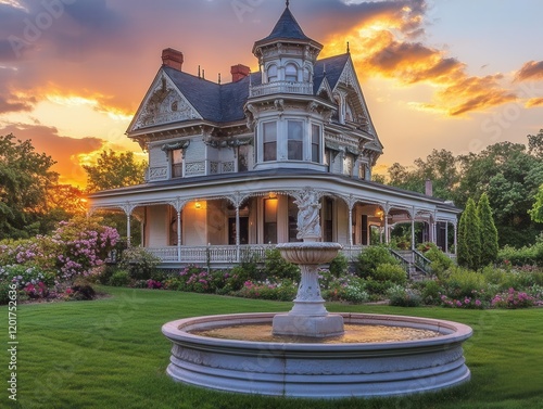 majestic victorian mansion with wraparound veranda, surrounded by blooming english gardens, ornate stone fountain, golden hour lighting photo