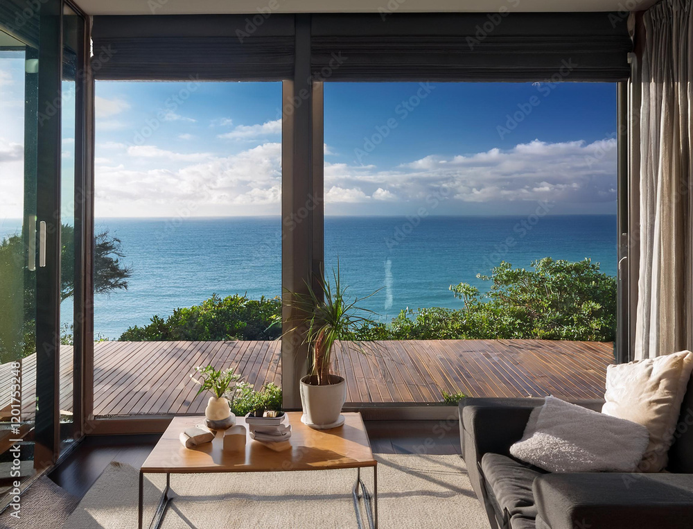 Fototapeta premium Generated image オーシャンビュー リビングの窓からの景色