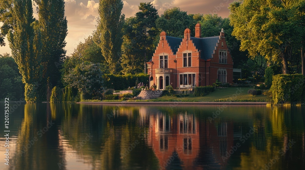 Waterfront brick house sunset reflection. Waterfront brick house sunset reflection.
