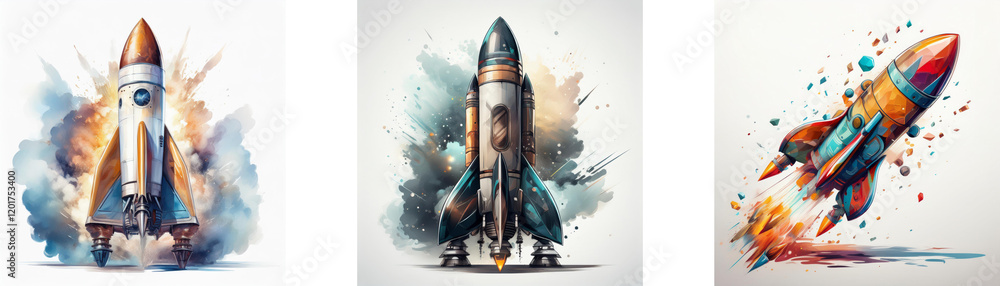 Naklejka premium Three watercolor rockets launching, showcasing vibrant colors and dynamic motion. Each rocket has unique design and fiery trail.