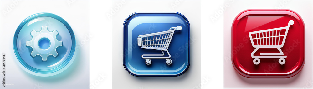 Three glossy buttons: one displays a gear, another a shopping cart in blue, and the last a shopping cart in red. They represent settings, online shopping, and retail. Three glossy buttons: one displays a gear, another a shopping cart in blue, and the last a shopping cart in red. They represent settings, online shopping, and retail.