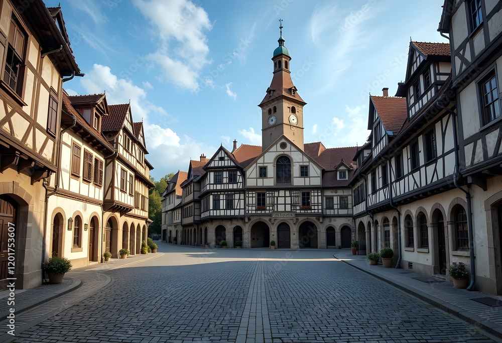 Fototapeta premium Medieval European square with cobblestone streets