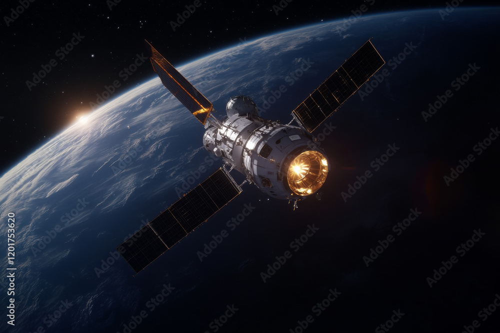 Obraz premium Space Station Orbits Earth Illuminated by Sunlight During Twilight Hours
