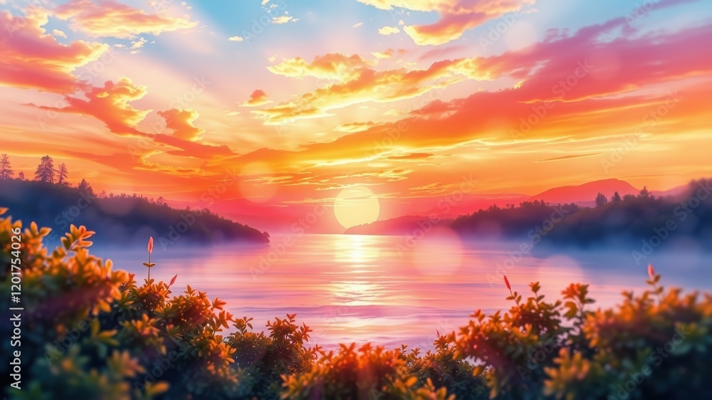 Naklejka premium A fiery sunset paints the sky with vibrant hues, casting a golden glow on the tranquil lake and misty hills.