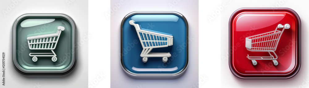 Three glossy square buttons feature a shopping cart icon in varying colors: green, blue, and red. Each button displays a realistic, three-dimensional shopping cart. Three glossy square buttons feature a shopping cart icon in varying colors: green, blue, and red. Each button displays a realistic, three-dimensional shopping cart.