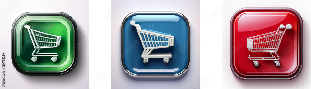 Three glossy square buttons feature shopping cart icons in green, blue, and red. Each button has a realistic, three-dimensional appearance. Three glossy square buttons feature shopping cart icons in green, blue, and red. Each button has a realistic, three-dimensional appearance.