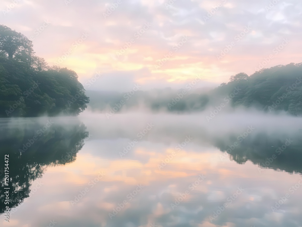 Fototapeta premium misty mountain lake at dawn, ethereal pink and gold light filtering through clouds, reflecting perfectly on crystal clear water