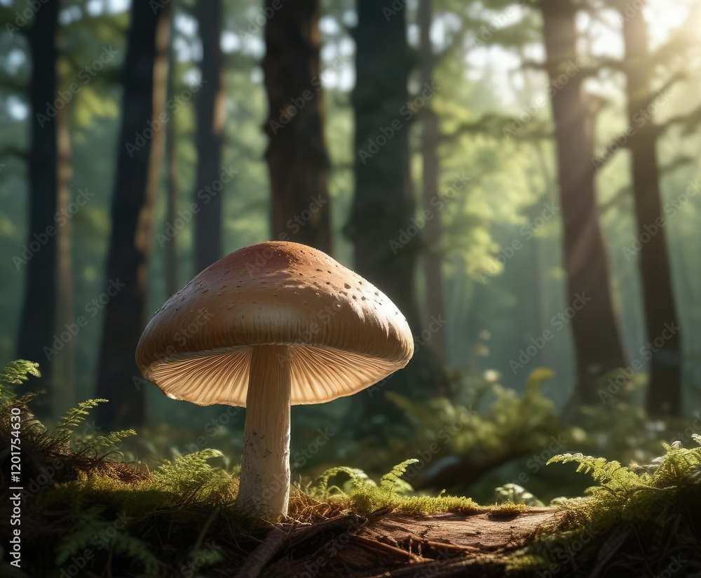 Fototapeta premium A solitary common bonnet mushroom stretches its cap towards the light filtering through the forest canopy, botany, wild mushrooms, mushroom