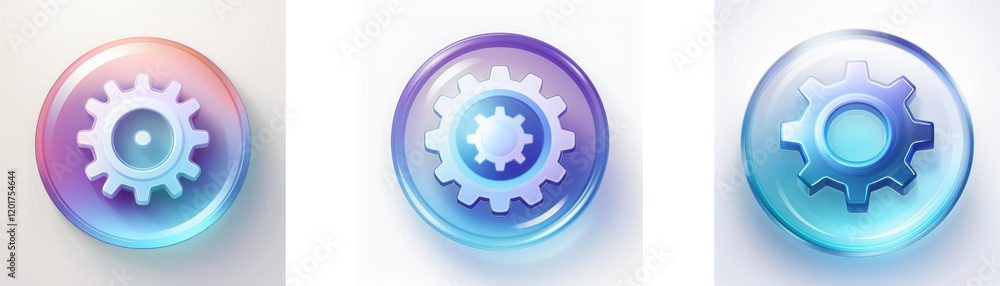 Three glossy circular icons featuring gear symbols in varying pastel shades. Settings, options, and configuration are visually represented. Three glossy circular icons featuring gear symbols in varying pastel shades. Settings, options, and configuration are visually represented.