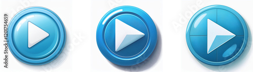Three glossy blue circular buttons feature a white play symbol, suggesting media playback or start functionality. Variations in button design are shown. Free Download Three glossy blue circular buttons feature a white play symbol, suggesting media playback or start functionality. Variations in button design are shown. - GFXLoad
