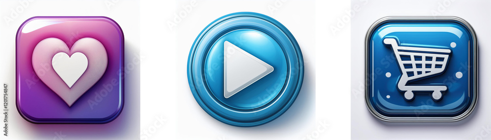 Three glossy buttons: heart, play, shopping cart. Simple icons for love, media, and e-commerce. Three glossy buttons: heart, play, shopping cart. Simple icons for love, media, and e-commerce.