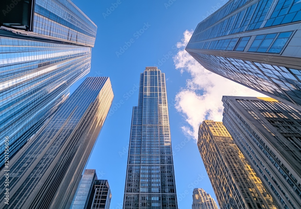 Naklejka premium skyscrapers in a downtown, with a blue sky and a wide-angle lens perspective from a low-angle viewpoint.