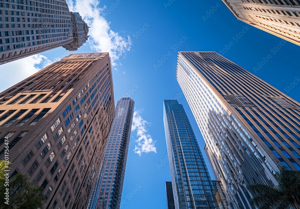 Obraz premium skyscrapers in a downtown, with a blue sky and a wide-angle lens perspective from a low-angle viewpoint.
