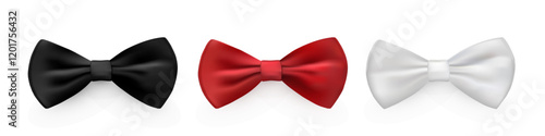 Black, white and red bow tie set. Bowtie for business suit. Classic silk or satin neckties vector illustration. Realistic gentleman luxury fashion element of costume for ceremony, wedding, party.