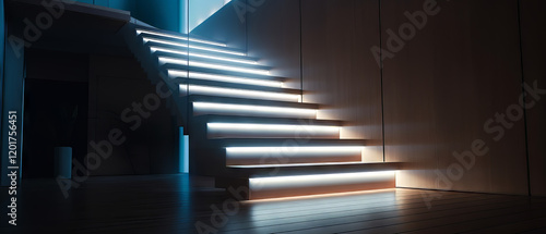 minimalist staircase featuring polished wooden steps, sleek glass panels, and soft lighting. 