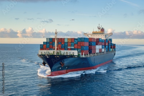 Large container ship sailing on the open ocean at sunset