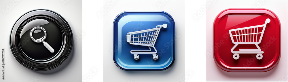 Three glossy buttons display icons: a magnifying glass, and two shopping carts. One cart is on a blue button and the other on a red button. Three glossy buttons display icons: a magnifying glass, and two shopping carts. One cart is on a blue button and the other on a red button.