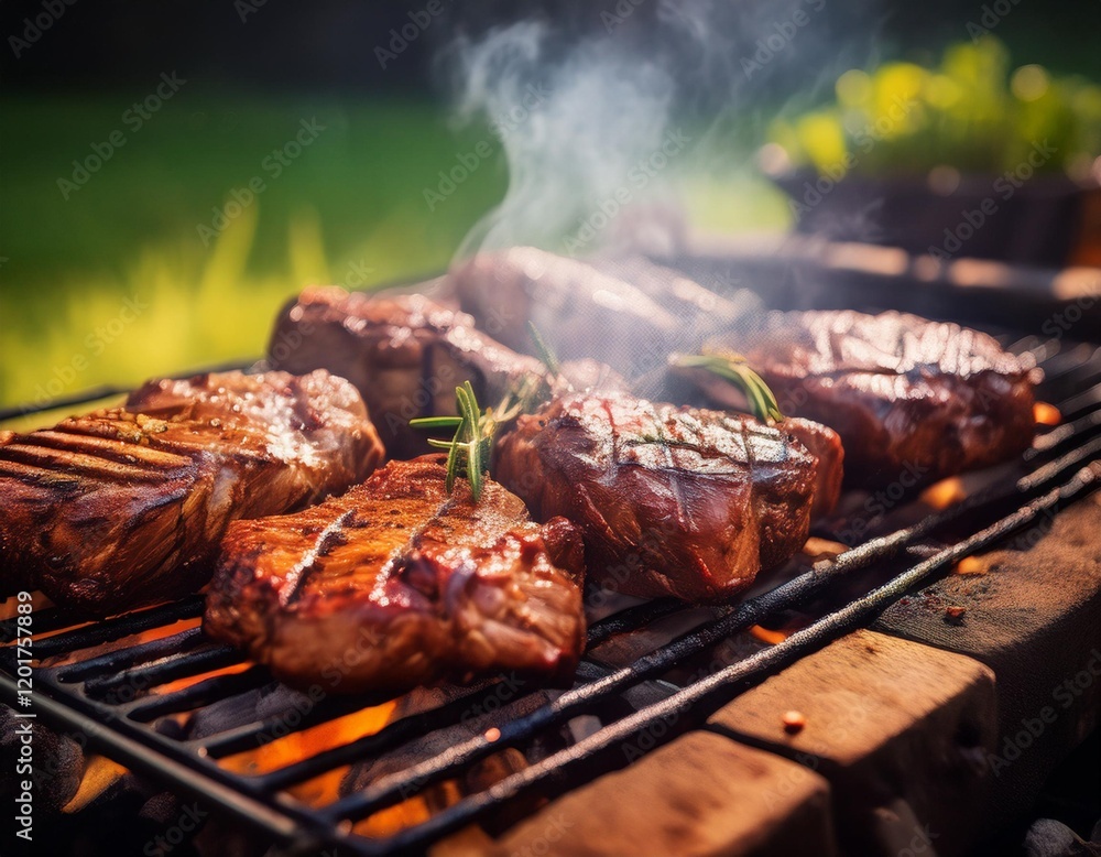 Close-Up of Juicy Barbecue Grilled Meat with Smoke and Spices on a Rustic Outdoor Setup Close-Up of Juicy Barbecue Grilled Meat with Smoke and Spices on a Rustic Outdoor Setup