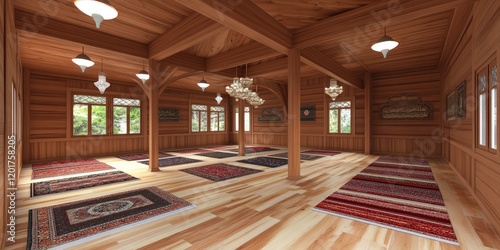 Wooden mosque interior, prayer rugs, calm background, spiritual peace, religious architecture