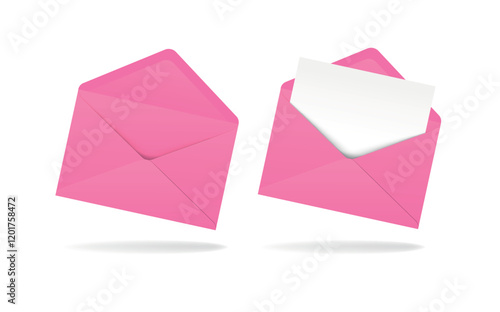 Pink realistic envelope in different positions. Folded and unfolded envelope backpack isolated