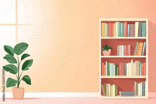 An illustration of a bookshelf with coral-inspired dividers, creating an organic flow within a modern living space, minimal background with copy space photo