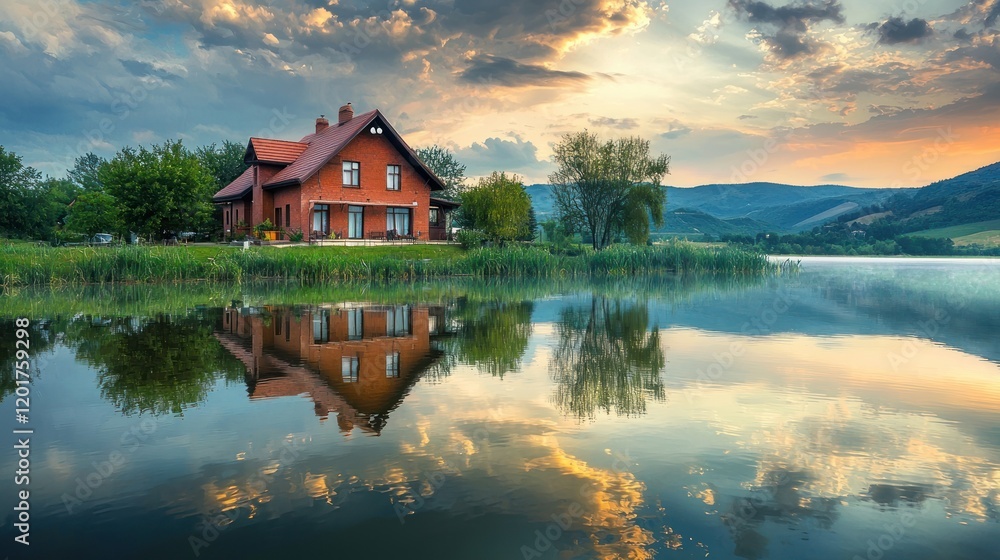 Obraz premium Lakeside house reflecting in calm water at sunset.