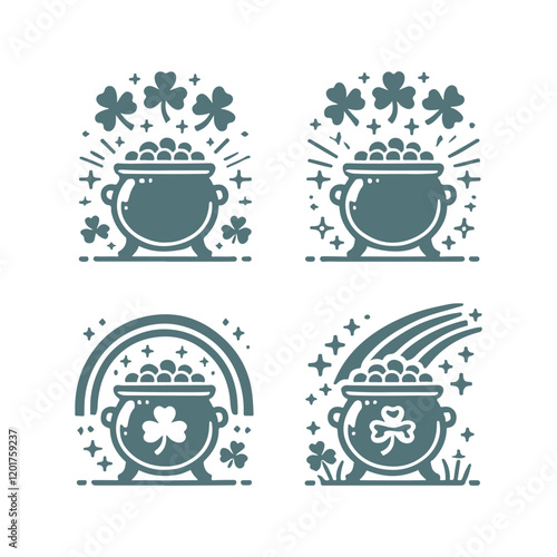 St. Patrick's Day Shamrock Pot of Gold Vector Silhouette Design Set