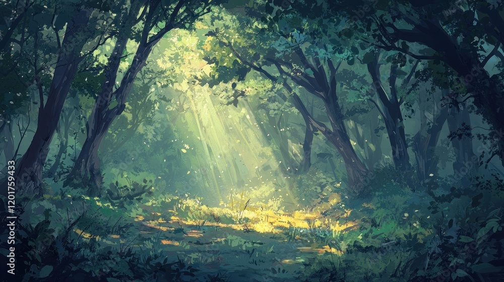 Sunbeams illuminate a mystical forest path. (1) Sunbeams illuminate a mystical forest path. (1)
