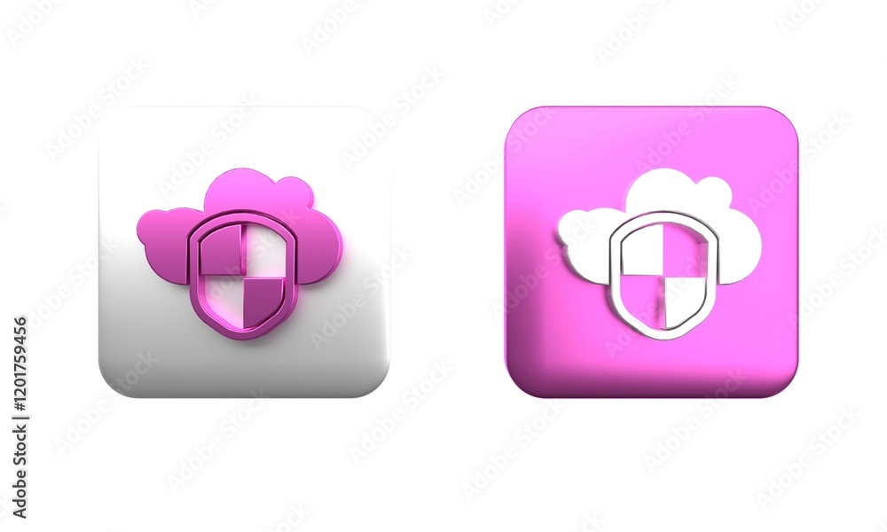 Colorful Cloud and shield icon isolated on white background. Cloud storage data protection. Security, safety, protection, privacy concept. Square button. 3D render illustration Colorful Cloud and shield icon isolated on white background. Cloud storage data protection. Security, safety, protection, privacy concept. Square button. 3D render illustration