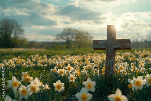 Wooden cross standing in field of daffodils at sunset symbolizing hope and resurrection