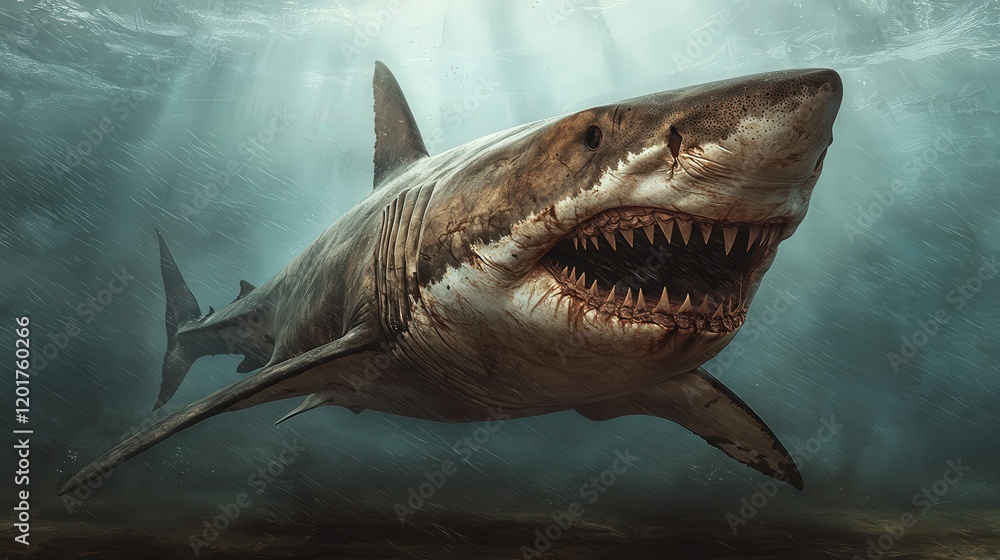 Naklejka premium Predatory shark encounter ocean depths wildlife photography underwater environment immersive viewpoint animal behavior