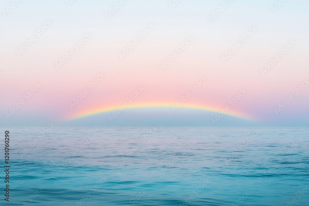 Naklejka premium Vibrant Rainbow Arches Over Calm Ocean Waters at Sunset, Creating a Serene Coastal Atmosphere