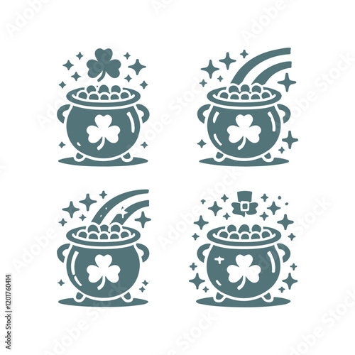 St. Patrick's Day Shamrock Pot of Gold Vector Silhouette Design Set