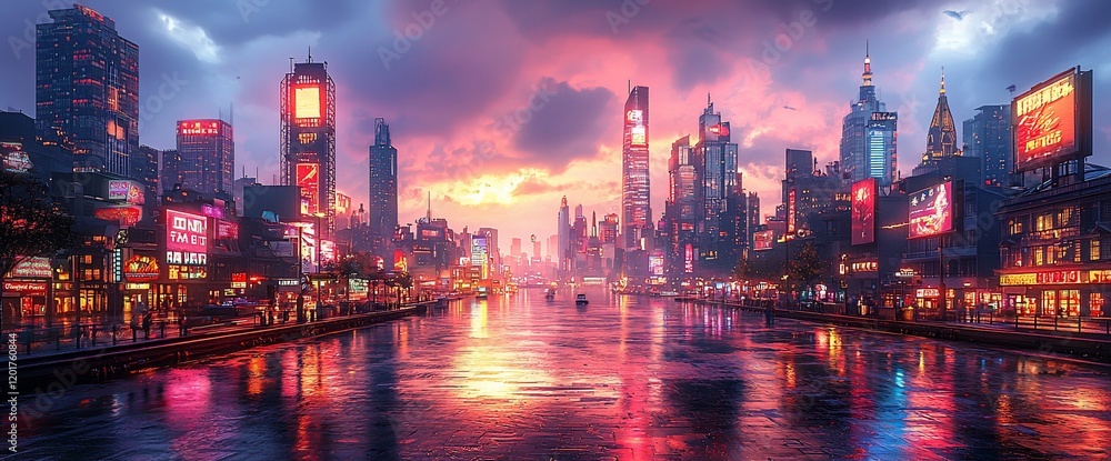 Obraz premium Futuristic city skyline reflected in a wet canal at sunset.