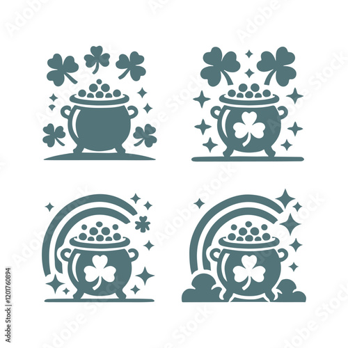 St. Patrick's Day Shamrock Pot of Gold Vector Silhouette Design Set