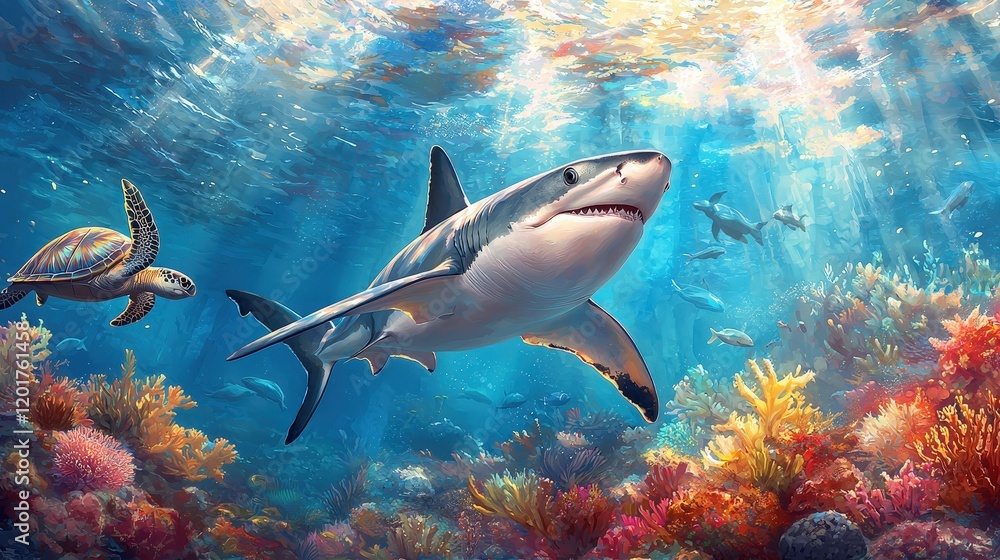 Fototapeta premium Wildlife adventure sharks and turtles in the colorful coral reefs underwater paradise ocean life exploration
