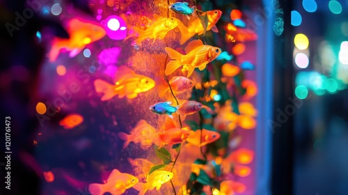 Colorful goldfishes in an illuminated aquarium display. photo