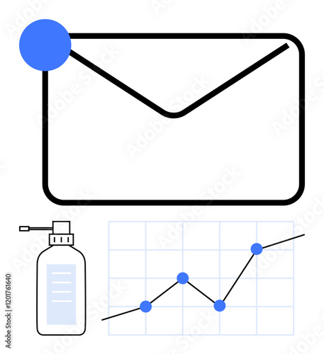 Email notification icon with blue dot, upward-trending line graph, disinfectant spray beside. Ideal for marketing, analytics, health, growth, communication hygiene technology. Abstract line flat