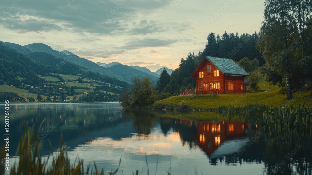 Fototapeta premium Lakeside cabin at dusk, reflecting in calm water, mountains in background.