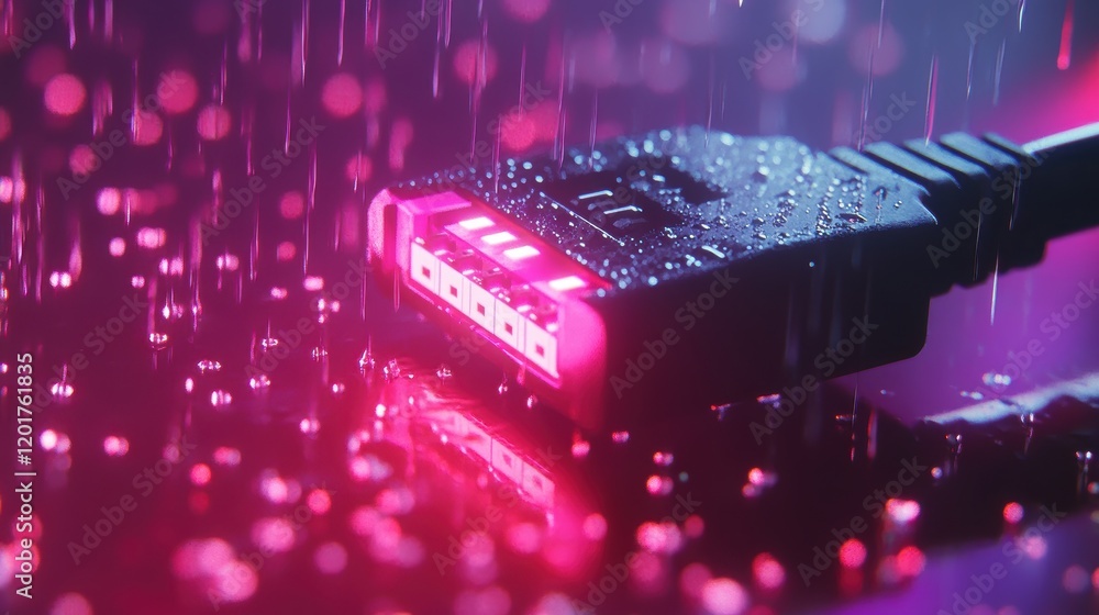 High fidelity futuristic environment with illuminated digital rain and tech connectors High fidelity futuristic environment with illuminated digital rain and tech connectors