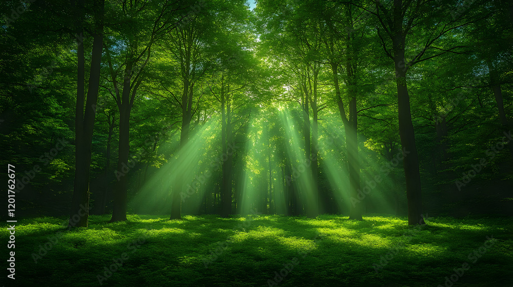 Fototapeta premium Sunbeams filtering through lush green forest, creating a magical and peaceful atmosphere
