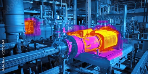A thermal image of machinery, highlighting areas of heat and energy usage for industrial analysis.