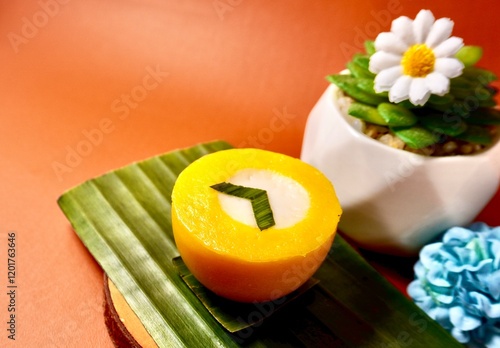 Nona Manis yellow and white creamy cake with pandan leaf decoration. Indonesian traditional jajanan pasar dessert snack isolated on horizontal copy spaced orange brown terracota background. photo