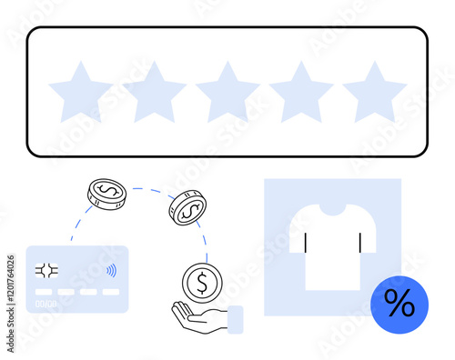 Star rating scale, coins, credit card with NFC, and outstretched hand. T-shirt and discount percentage icon included. Ideal for e-commerce, online shopping, customer ratings, digital payment systems