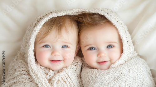 Twin babies snuggled in blanket, smiling, indoors.  Perfect for greeting cards, baby products