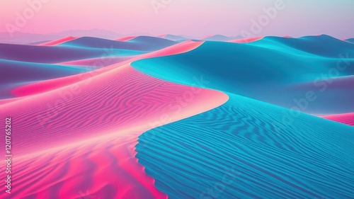 Abstract desert landscape with vibrant pink and blue sand dunes