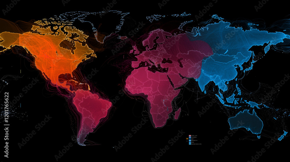 Fototapeta premium Global network data flow map, showing connections, internet traffic, and digital activity worldwide